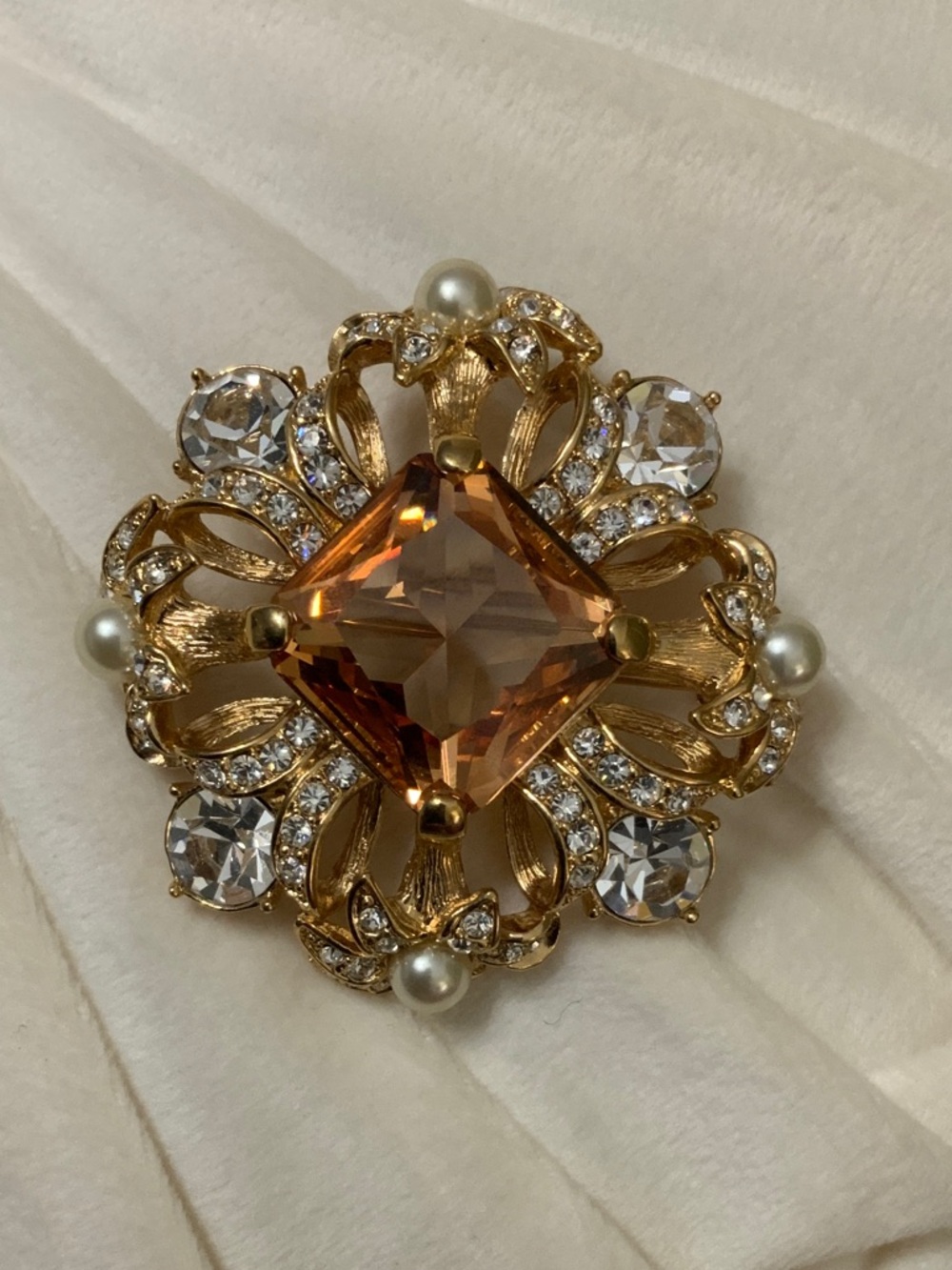 Nolan Miller Gold-Tone Brooch with Amber Crystal and Pearls